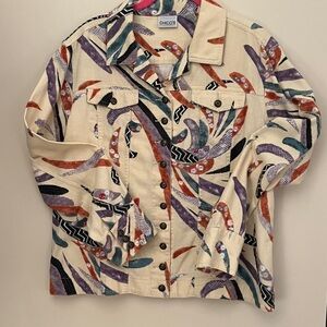 Chico's Beige Jacket with Colorful Abstract Design